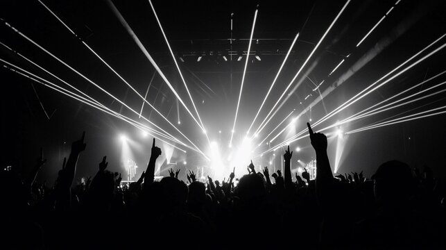 Energetic concert crowd silhouettes with bright stage lights and lasers.
