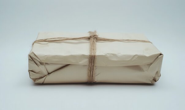 Wrapped parcel tied with twine ready for shipping on a white background showcasing simple and eco-friendly