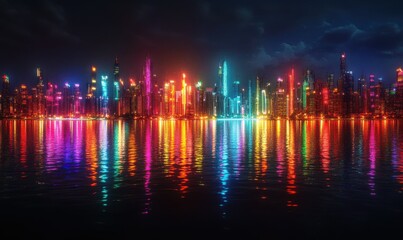 Aerial view of a vibrant city skyline at night, glowing neon lights reflecting off the water, dynamic and energetic urban atmosphere