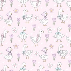 Spring goose .Vintage Cottagecore Easter Goose Pattern with Floral and Ribbon Details on Soft Pastel Background.