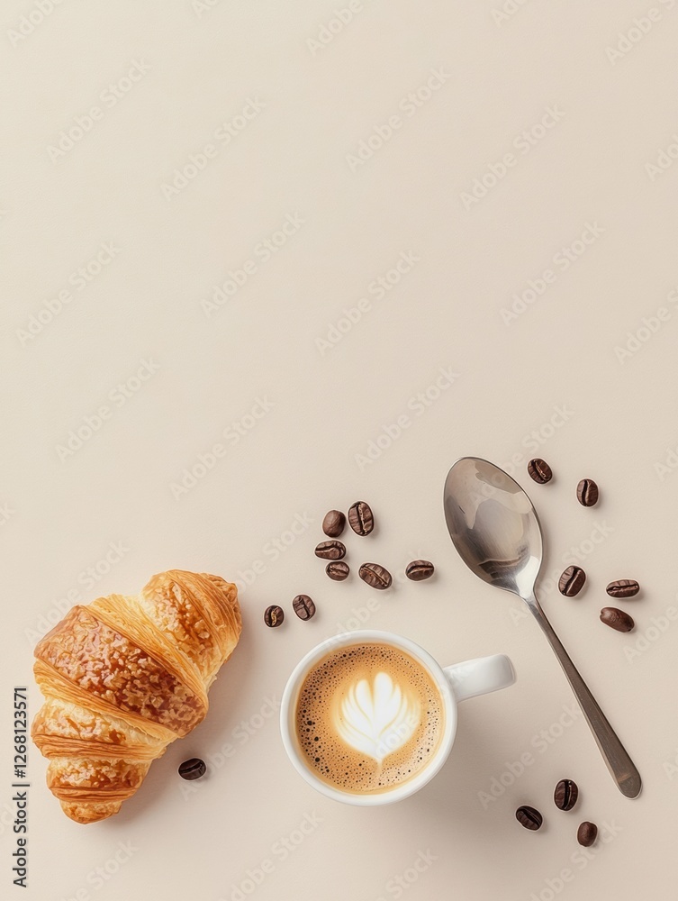 Poster warm coffee and flaky croissant on soft background for a cozy breakfast experience. generative ai