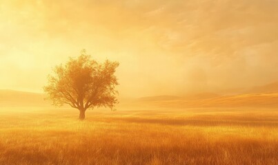 Obraz premium Majestic lone tree surrounded by golden mist in a tranquil sunrise field, radiating peaceful solitude.