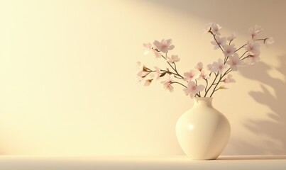 Minimalist vase with delicate cherry blossoms against a warm neutral background, blending simplicity and elegance in a modern aesthetic.
