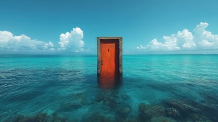 A door standing alone in the middle of the ocean, surreal perspective