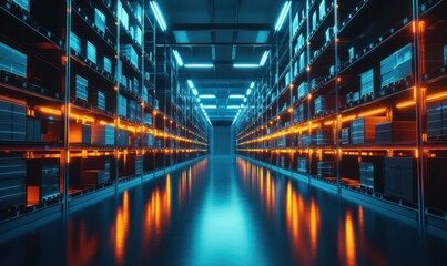 Obraz premium Rows of glowing packages on smart shelving units in a futuristic logistics hub, emphasizing automated efficiency.