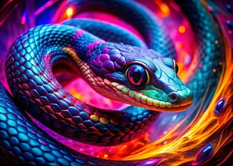 Fototapeta premium Abstract Neon Poisonous Snake Aerial Photography - Danger, Wildlife, Reptile, Nature, Toxic