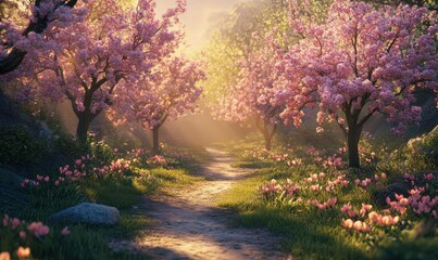 Naklejka premium Vibrant spring orchard filled with peach blossoms glowing under soft sunlight, a celebration of natural renewal