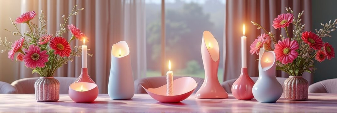 Elegant candlelit table setting with pink flowers and modern vases