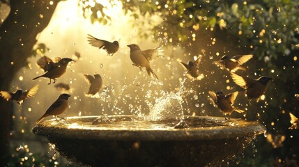 Naklejka premium Birds Bathing in Golden Sunlight at a Birdbath