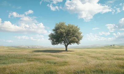 Obraz premium Wide-open meadow with a single oak tree under a vast blue sky, symbolizing solitude and freedom in nature.
