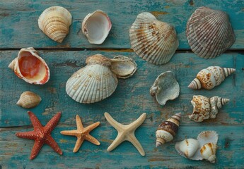 beach scene concept with sea shells and starfish on a blue wooden background