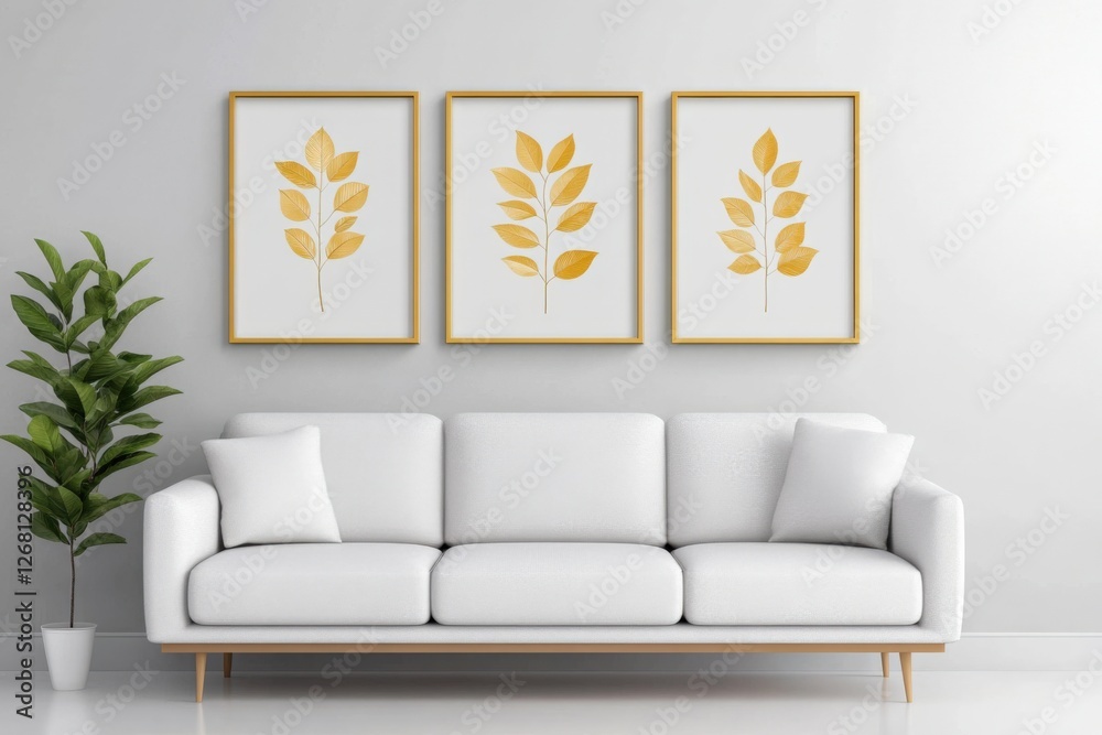 Wall mural white sofa with gold leaf prints in a living room