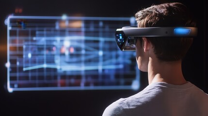 Man immersed in virtual reality experience with futuristic VR headset