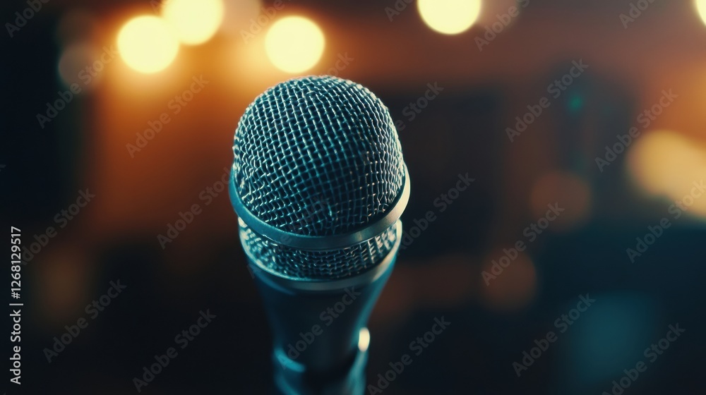 Leinwandbilder close up view of a microphone with blurred lights in the background during a live performance at nig