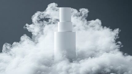 Minimalist White Cylindrical Structure Surrounded by Smoke on Gray Background