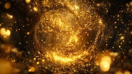 Obraz premium Golden tree of light in magical forest.