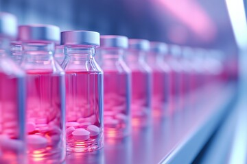 rows of medicine vials with pills and pink liquid