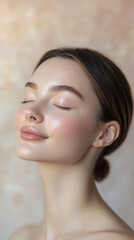 Fototapeta premium Close-up portrait of a young woman with a serene expression, eyes closed, glowing skin, and natural beauty, symbolizing relaxation, self-care, and tranquility.