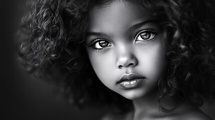 Naklejka premium black and white portrait of young girl with curly hair looking away