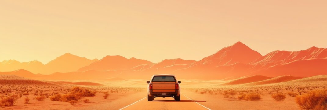 Car traveling down a desert road under warm orange and yellow skies with mountains in the background. Generative AI