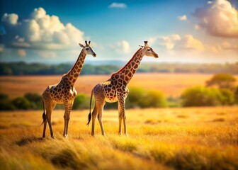 Obraz premium Adorable Giraffes in Miniature Landscape: Tilt-Shift Field Scene