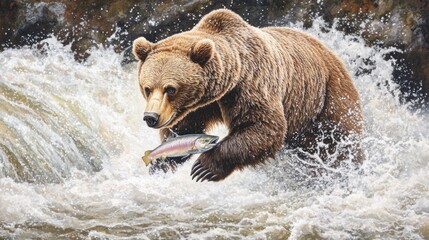 Fototapeta premium Grizzly Bear Catches Salmon In Rushing River Water