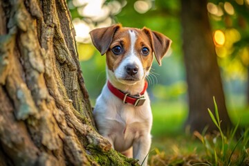 Adorable Jack Russell Terrier Puppy Hunting Bird Near Tree - Stock Photo