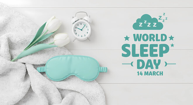 Alarm clock, towel and flowers on white background celebrating World Sleep Day, generative ai