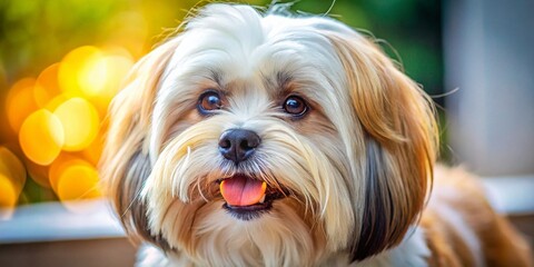 Adorable Lhasa Apso Puppy Enjoying a Yummy Treat - Cute Dog Stock Photo