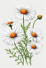 Fototapeta premium Illustration eines zarten Straußes von Gänseblümchen mit weißen Blütenblättern und orangefarbenen Blütenmitten, ideal als florales Designmotiv. Generative KI