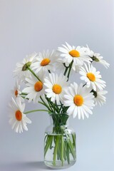 Ein schlichter Strauß weißer Gänseblümchen mit gelben Blütenmitten in einer transparenten Glasvase, perfekt als elegantes und zeitloses Dekorationsmotiv. Generative KI