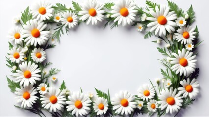 Fototapeta premium Blumiger Rahmen aus weißen Gänseblümchen mit grünen Blättern auf weißem Hintergrund, ideal für Grußkarten oder Frühlingsdesigns mit viel Platz für Text. Generative KI