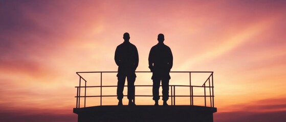 Obraz premium Silhouette of two figures at sunset