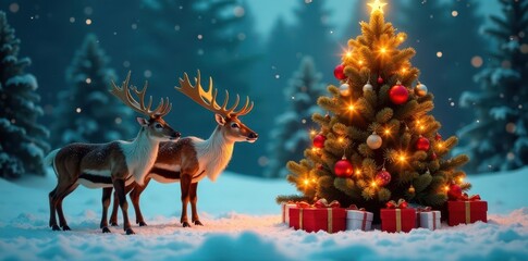A group of reindeer standing around a Christmas tree, christmas, free, enchantment