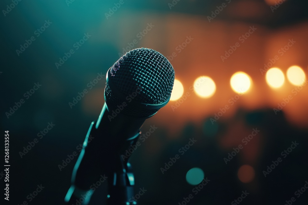 Poster brightly lit microphone ready for a performance in an intimate venue during evening hours. generativ