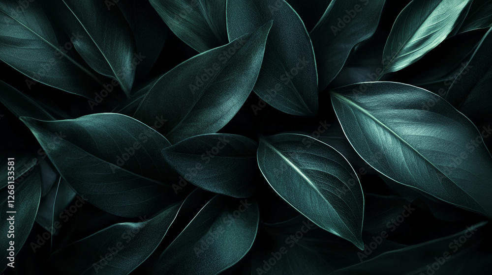 Poster a close-up image of dark green leaves showing intricate details and textures, symbolizing tranquilit