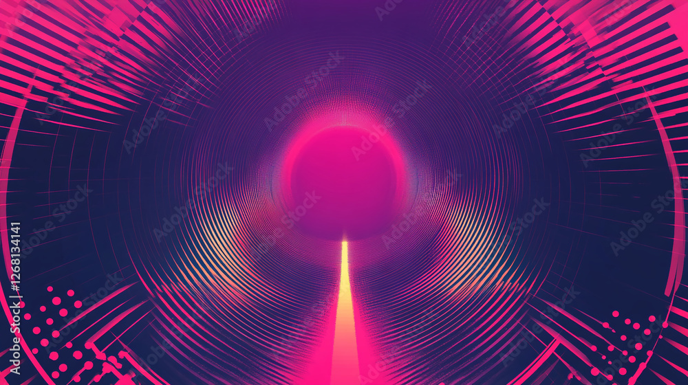 Poster abstract neon pink and purple digital design with concentric circles and glowing lines, representing