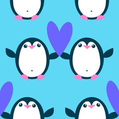 Valentines cute animals in love seamless penguin and heart pattern for 14 February wrapping paper and fabrics