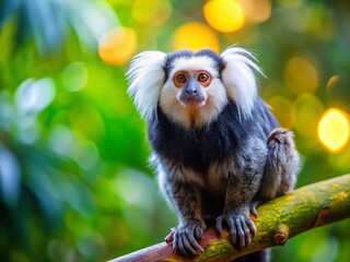 Fototapeta premium Adorable White-headed Marmoset Monkey in Rainforest Habitat - Wildlife Stock Photo