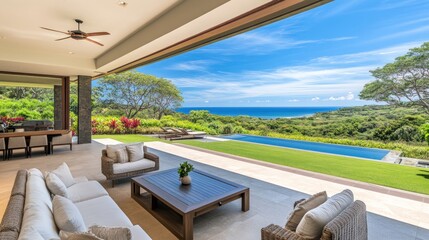 Fototapeta premium Ocean view luxury patio with pool and seating.
