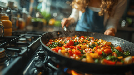 Cooking fresh vegetables on a stovetop in a cozy kitchen during the late afternoon
