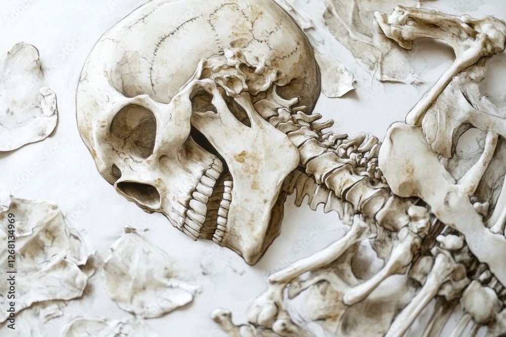 Poster detailed illustration of human skeleton showing intricate bone structure and textures on a light bac