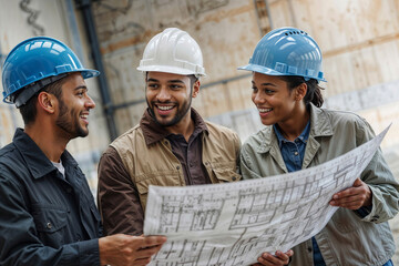 Closeup of happy group of construction workers talking in an empty warehouse and looking at a construction plan drawing