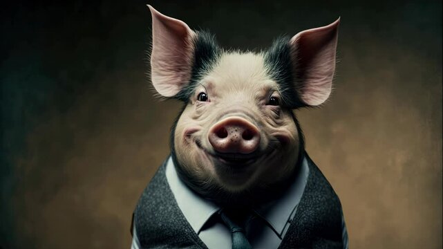 Portrait of a anthropomorphic smiling Pig dressed in a formal business suit	