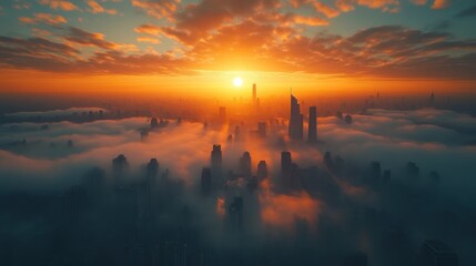 Fototapeta premium Aerial view of a city covered in morning fog, magical sunrise