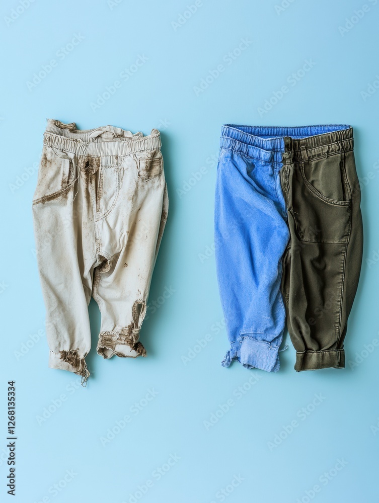 Poster comparison of dirty and freshly laundered pants showcasing contrasting cleanliness and style. genera