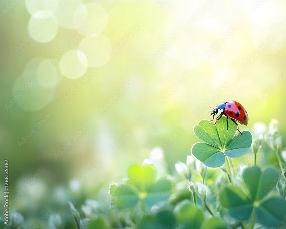 Poster a ladybug on a three-leaf clover in a lush green field, showcasing good luck, nature, and tranquilit