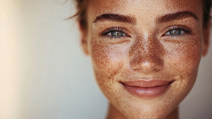 Fototapeta premium Close-up of a young woman with freckles and a bright smile, showcasing confidence and natural beauty, symbolizing joy, positivity, and self-assurance.
