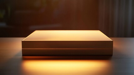 Golden Square Box on a Dark Wood Table with Subtle Gradient Light Background