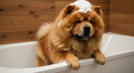 Adorable Chow Chow Enjoying a Bath with Fluffy Fur and Soap Suds - A golden-brown Chow Chow dog is enjoying a bath, with suds on its head and body.